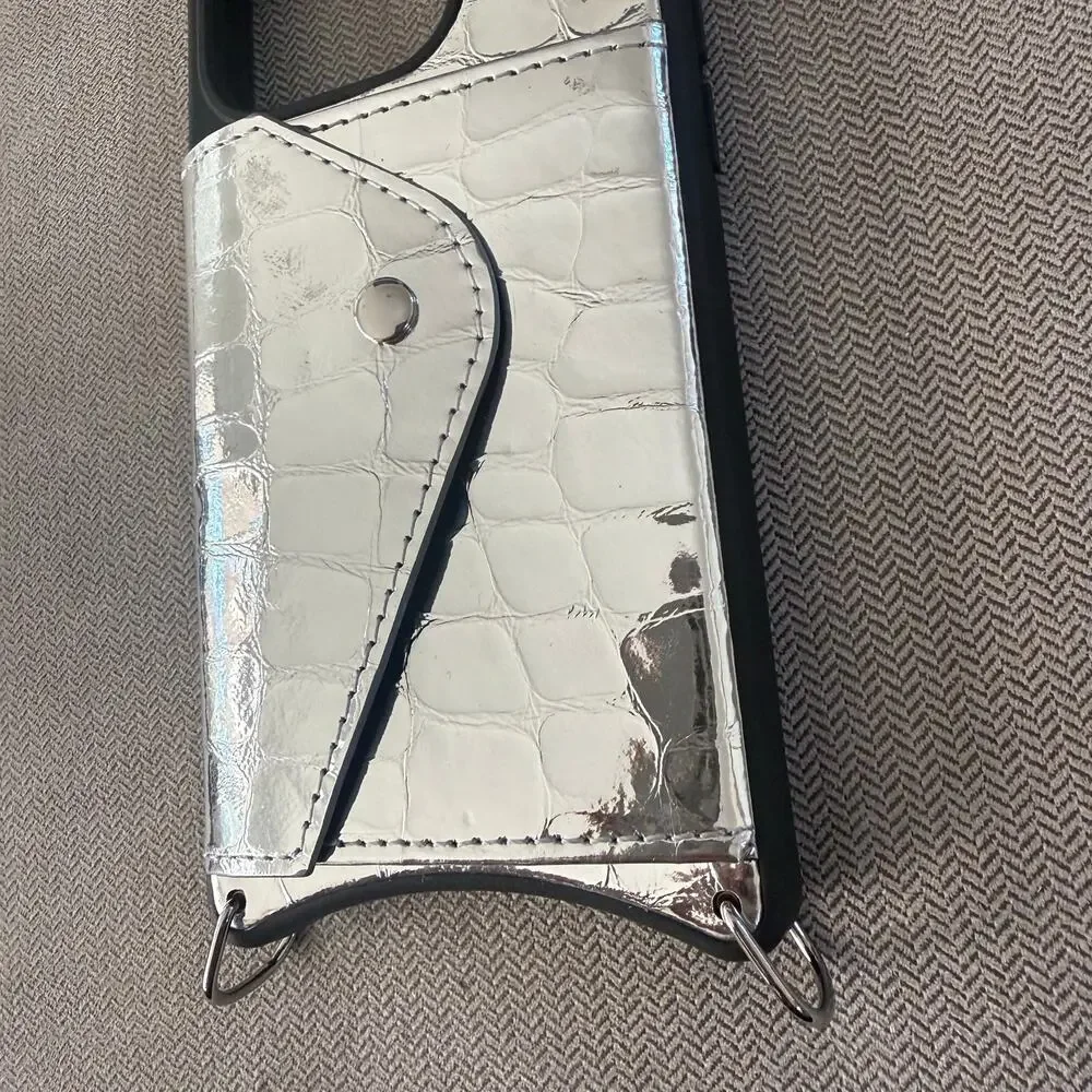Bandolier iPhone 15 Pro Silver Croc Wallet Phone Case Card Holder No Strap